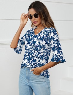 Foto 4 | Blusa Tipo Túnica Lomon Para Mujer, Manga 3/4, Cuello En V, Azul Y Blanco S - Venta Internacional.