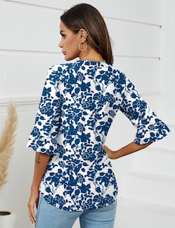 Foto 5 | Blusa Tipo Túnica Lomon Para Mujer, Manga 3/4, Cuello En V, Azul Y Blanco S - Venta Internacional.
