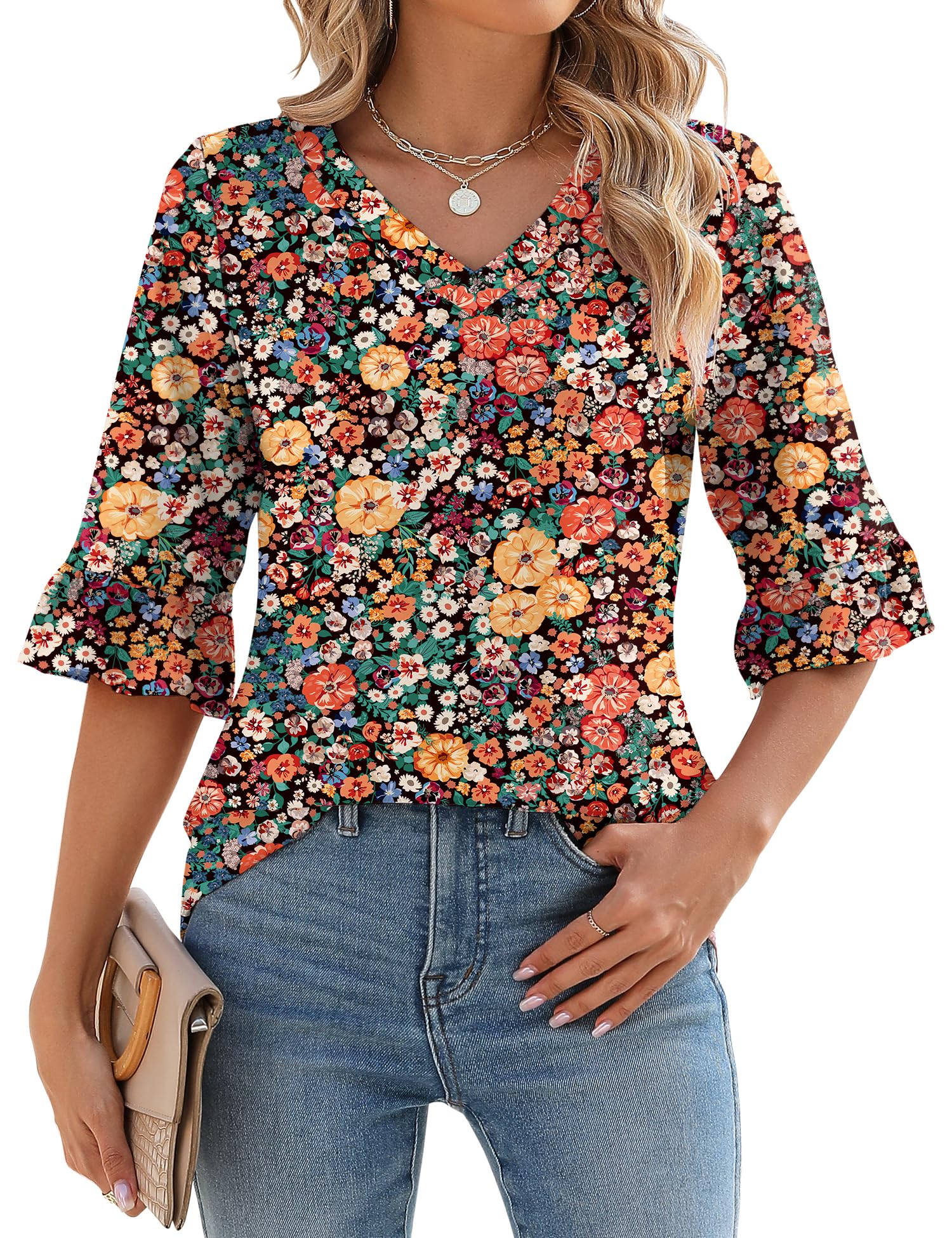 Foto 2 pulgar | Blusa Lomon Para Mujer, Manga 3/4, Cuello En V, Estampado Floral, Talla Xl - Venta Internacional.