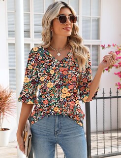 Foto 2 | Blusa Lomon Para Mujer, Manga 3/4, Cuello En V, Estampado Floral, Talla Xl - Venta Internacional.