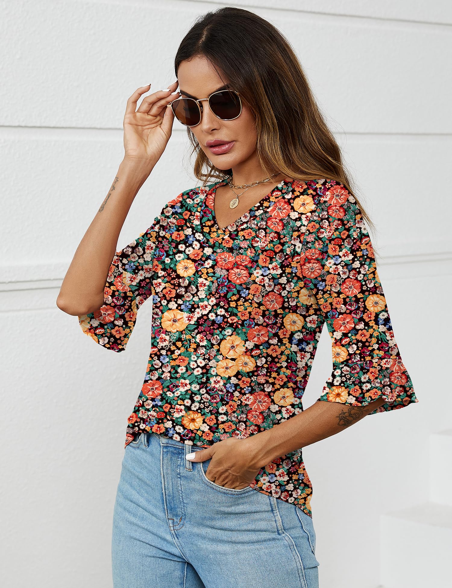 Foto 5 pulgar | Blusa Lomon Para Mujer, Manga 3/4, Cuello En V, Estampado Floral, Talla Xl - Venta Internacional.