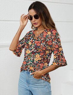 Foto 4 | Blusa Lomon Para Mujer, Manga 3/4, Cuello En V, Estampado Floral, Talla Xl - Venta Internacional.