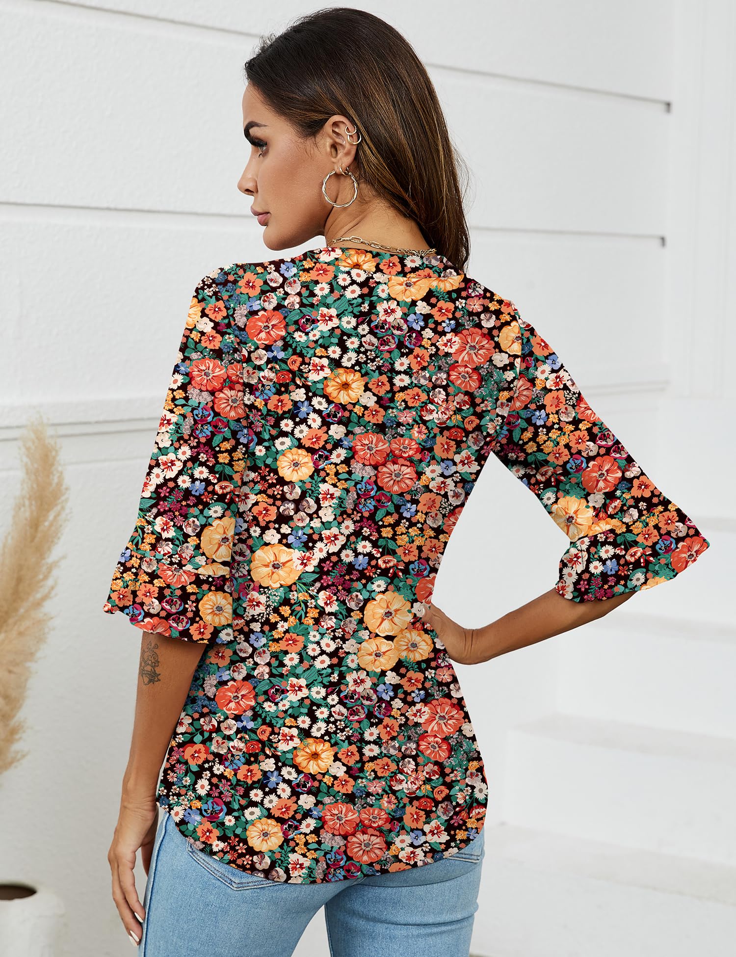 Foto 6 pulgar | Blusa Lomon Para Mujer, Manga 3/4, Cuello En V, Estampado Floral, Talla Xl - Venta Internacional.