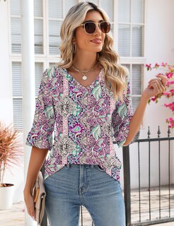 Foto 2 | Blusa Casual De Negocios Con Cuello En V Para Mujer, Manga 3/4, De Tops Lomon - Venta Internacional.
