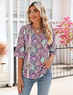 Foto 3 | Blusa Casual De Negocios Con Cuello En V Para Mujer, Manga 3/4, De Tops Lomon - Venta Internacional.