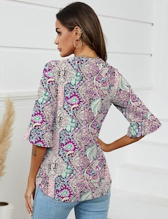 Foto 4 | Blusa Casual De Negocios Con Cuello En V Para Mujer, Manga 3/4, De Tops Lomon - Venta Internacional.
