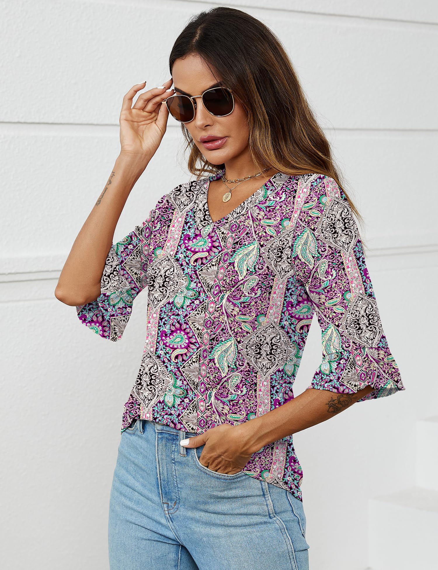 Foto 6 pulgar | Blusa Casual De Negocios Con Cuello En V Para Mujer, Manga 3/4, De Tops Lomon - Venta Internacional.