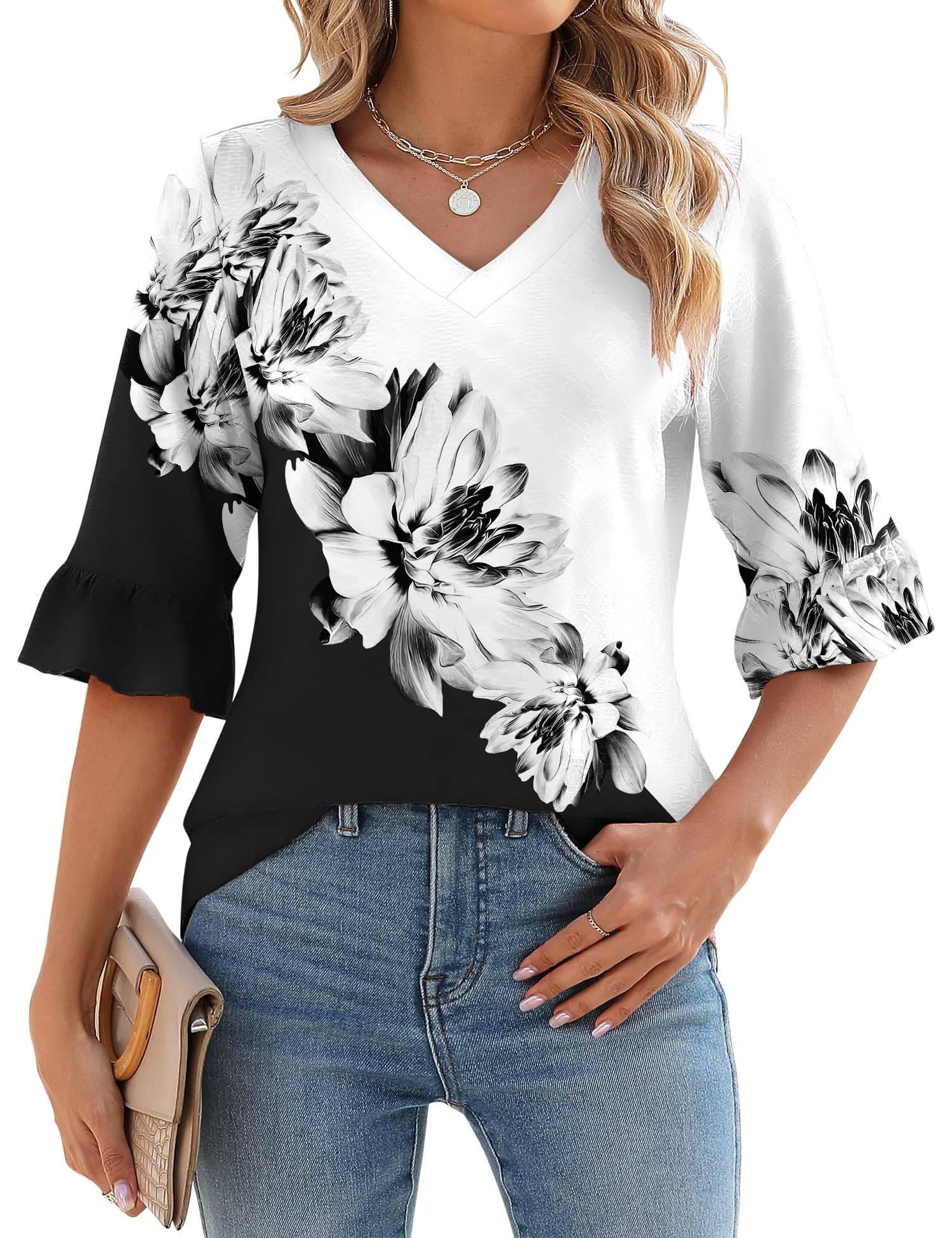 Foto 2 pulgar | Camisetas Lomon Summer Para Mujer 2025 Con Mangas 3/4 Y Cuello En V - Venta Internacional.
