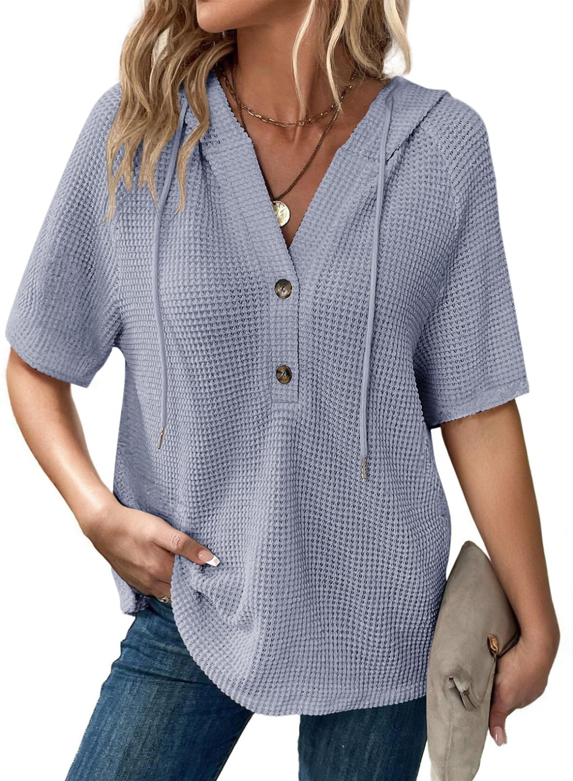 Foto 1 | Tops Dokotoo De Punto Gofrado Para Mujer, Manga Corta, Azul Beau - Venta Internacional.