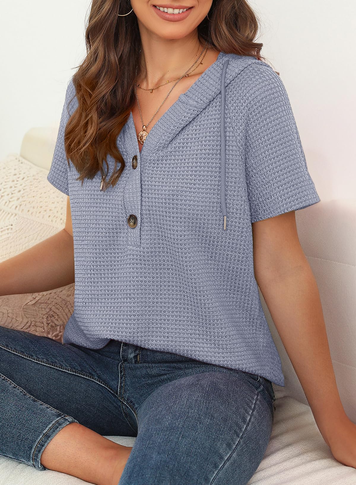 Foto 4 | Tops Dokotoo De Punto Gofrado Para Mujer, Manga Corta, Azul Beau - Venta Internacional.