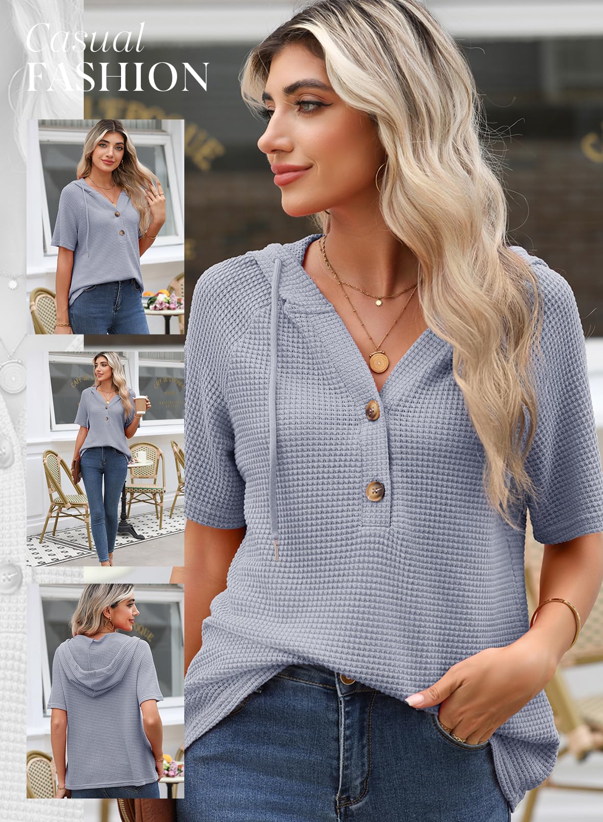 Foto 5 | Tops Dokotoo De Punto Gofrado Para Mujer, Manga Corta, Azul Beau - Venta Internacional.