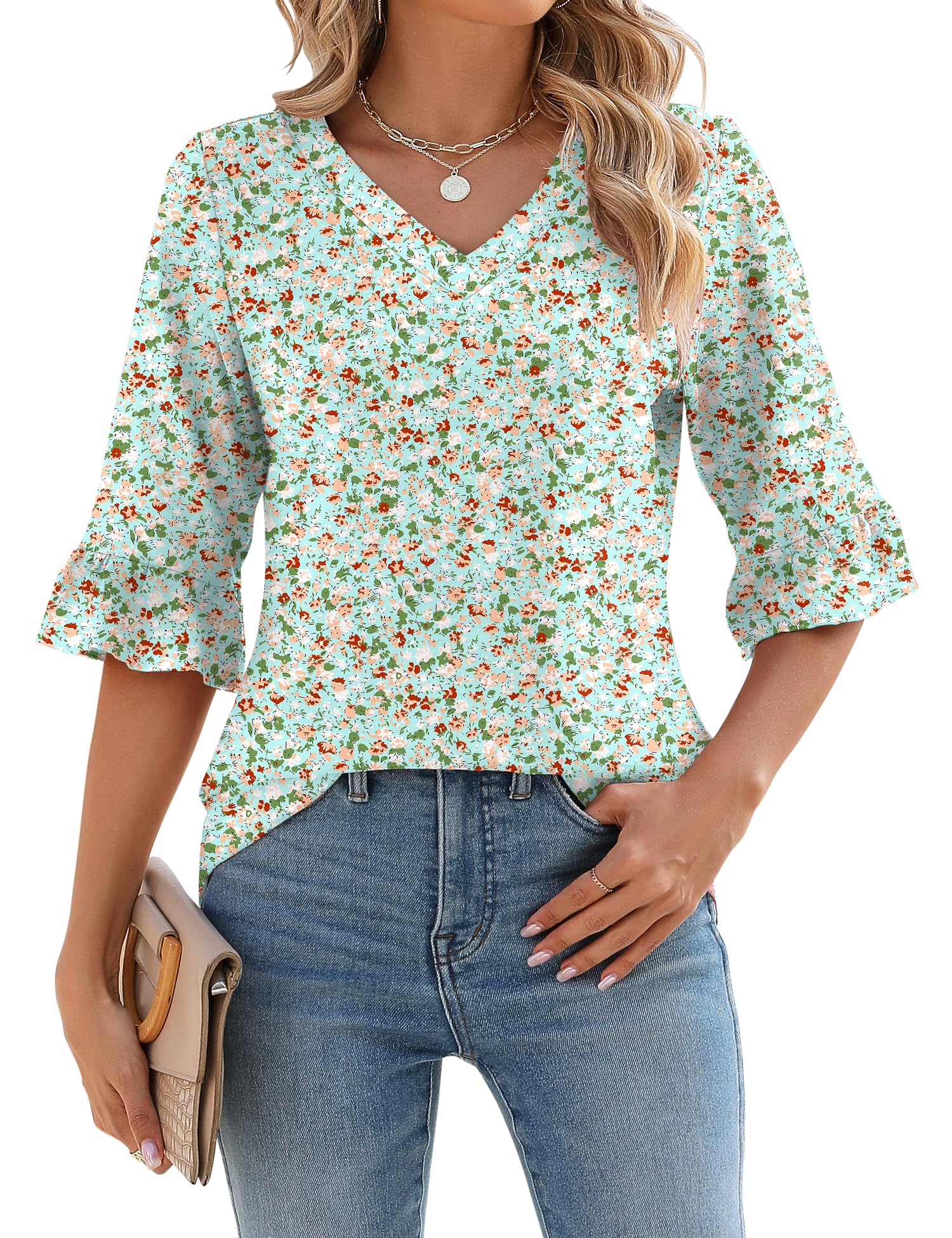 Blusa Lomon Para Mujer, Manga 3/4, Casual De Negocios, A1, Verde Y Blanco - Venta Internacional.