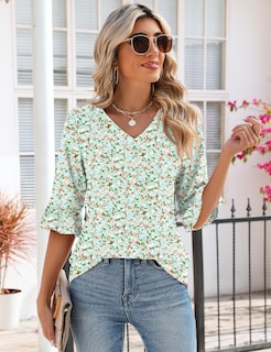 Foto 3 | Blusa Lomon Para Mujer, Manga 3/4, Casual De Negocios, A1, Verde Y Blanco - Venta Internacional.