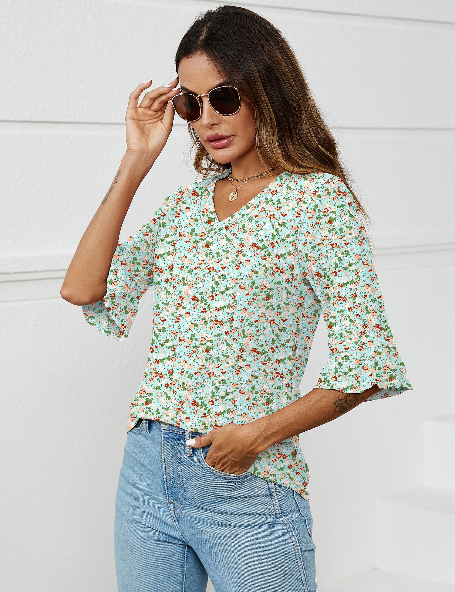 Foto 6 pulgar | Blusa Lomon Para Mujer, Manga 3/4, Casual De Negocios, A1, Verde Y Blanco - Venta Internacional.