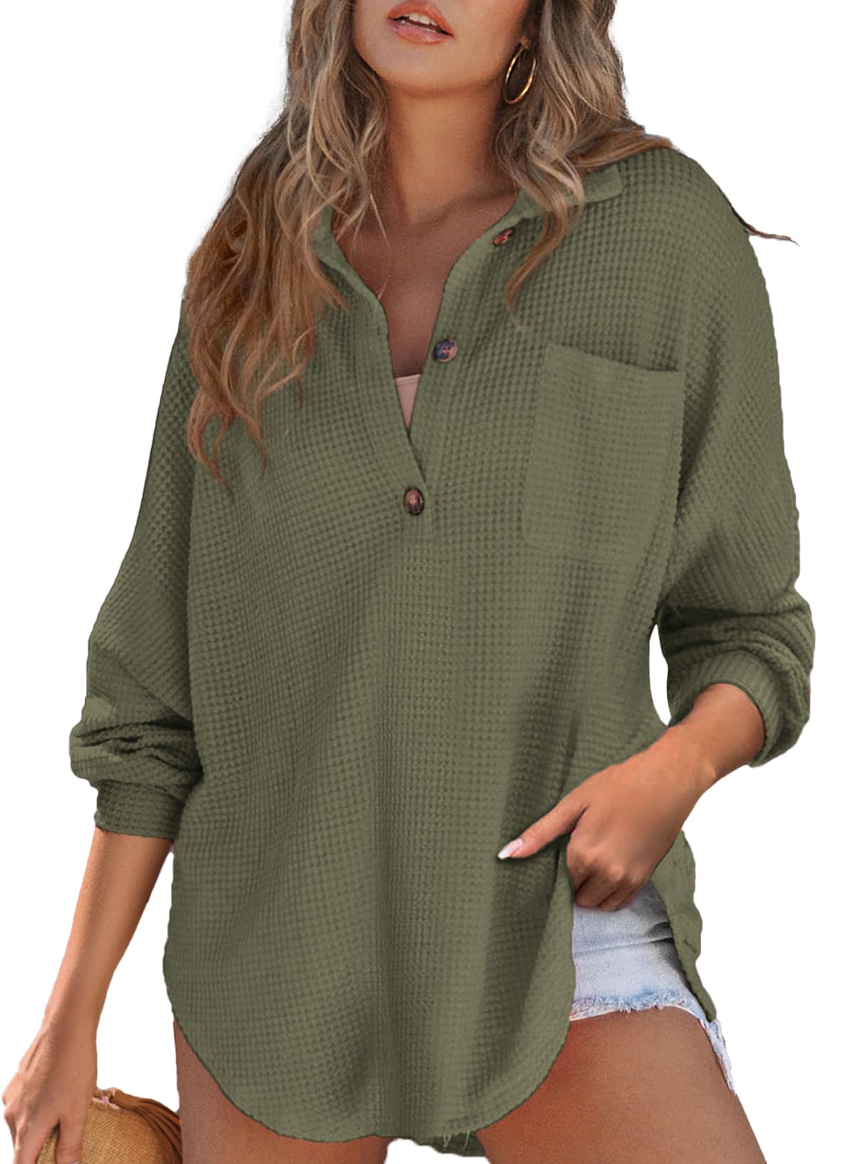 Camisa Henley Con Cuello En V Y Punto Gofrado, Estilo Túnica, Color Verde - Venta Internacional.