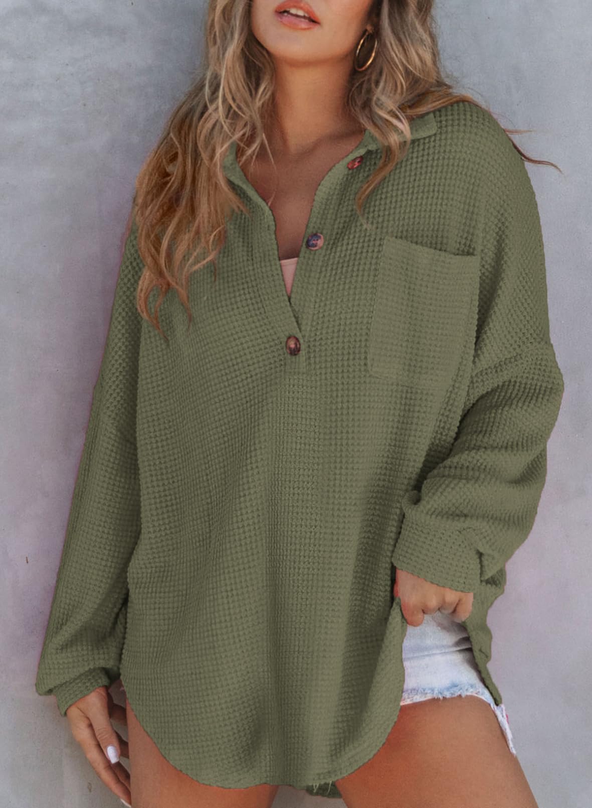 Foto 3 pulgar | Camisa Henley Con Cuello En V Y Punto Gofrado, Estilo Túnica, Color Verde - Venta Internacional.