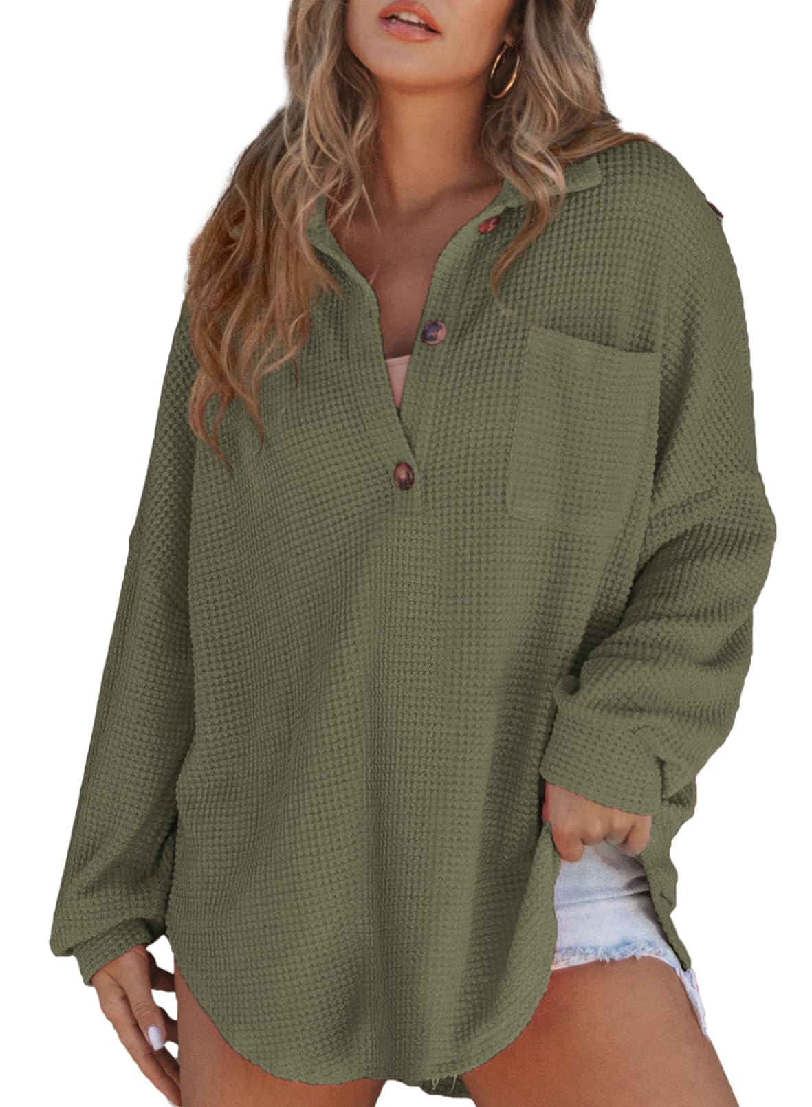 Foto 3 | Camisa Henley Con Cuello En V Y Punto Gofrado, Estilo Túnica, Color Verde - Venta Internacional.