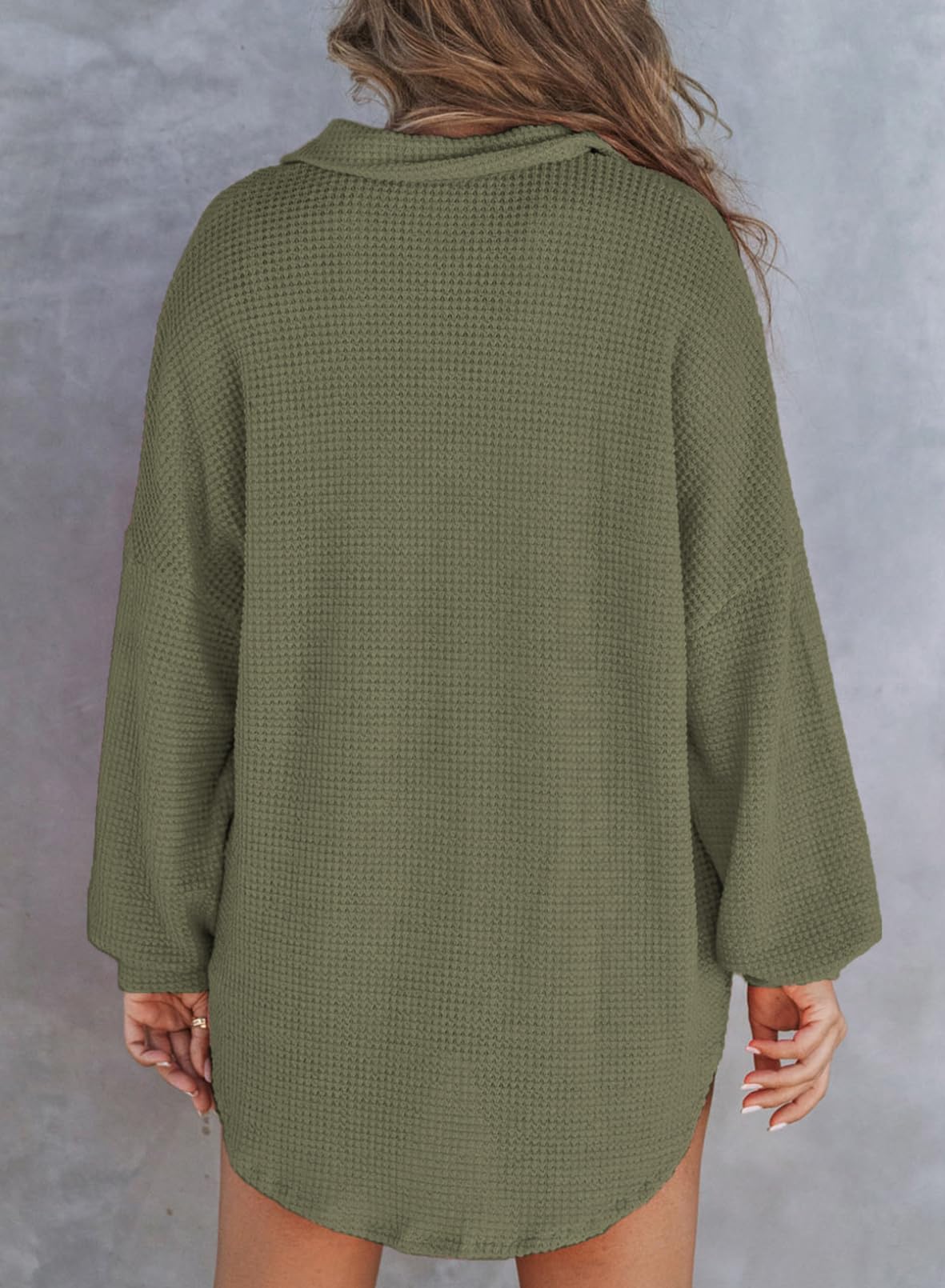 Foto 5 pulgar | Camisa Henley Con Cuello En V Y Punto Gofrado, Estilo Túnica, Color Verde - Venta Internacional.