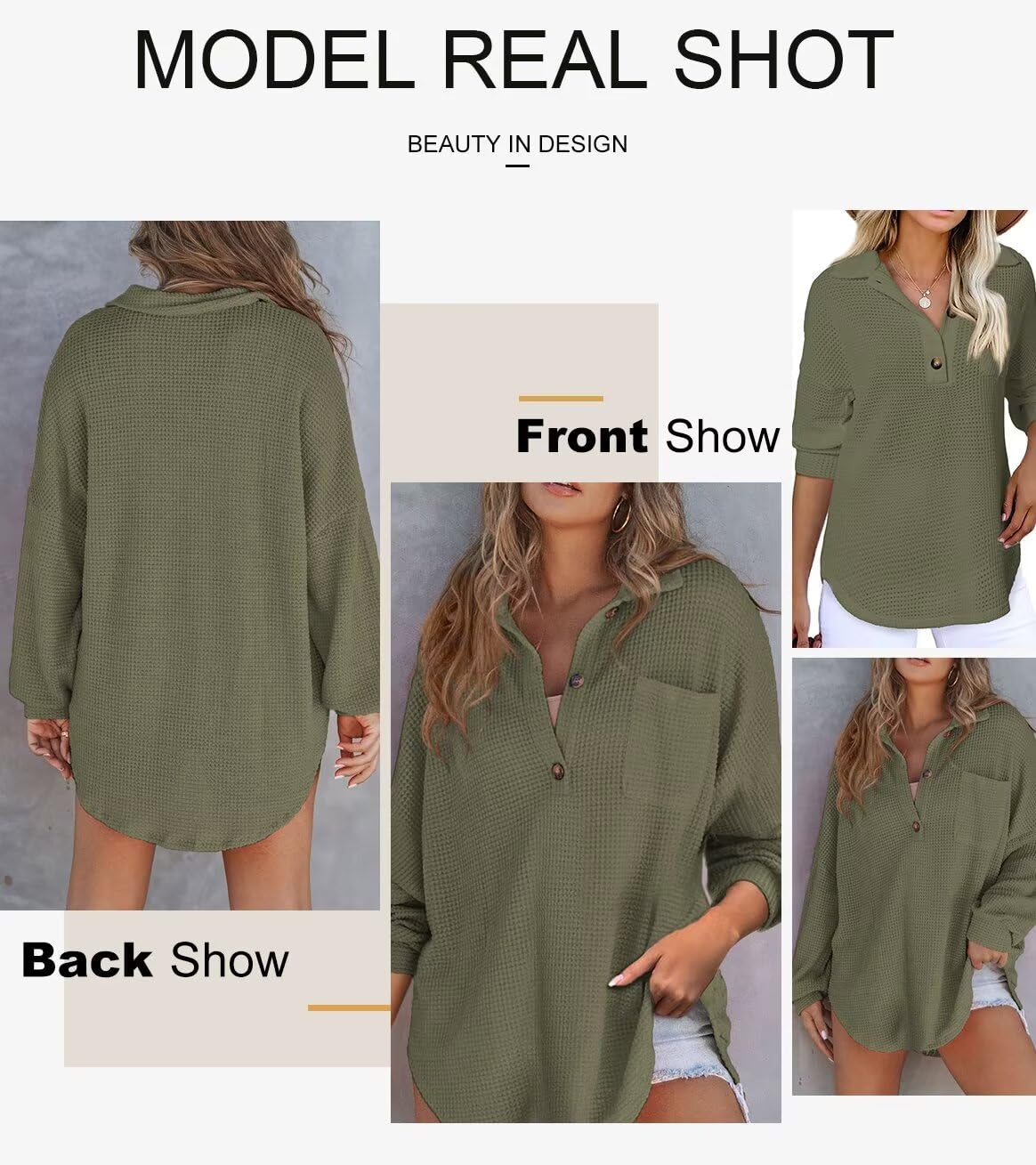 Foto 6 pulgar | Camisa Henley Con Cuello En V Y Punto Gofrado, Estilo Túnica, Color Verde - Venta Internacional.