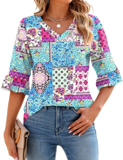 Foto 1 | Camisetas Lomon Con Cuello En V Y Manga 3/4 Para Mujer, Estilo Bohemio - Venta Internacional.