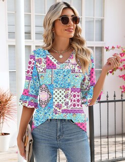 Foto 3 | Camisetas Lomon Con Cuello En V Y Manga 3/4 Para Mujer, Estilo Bohemio - Venta Internacional.