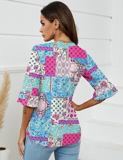 Foto 4 | Camisetas Lomon Con Cuello En V Y Manga 3/4 Para Mujer, Estilo Bohemio - Venta Internacional.