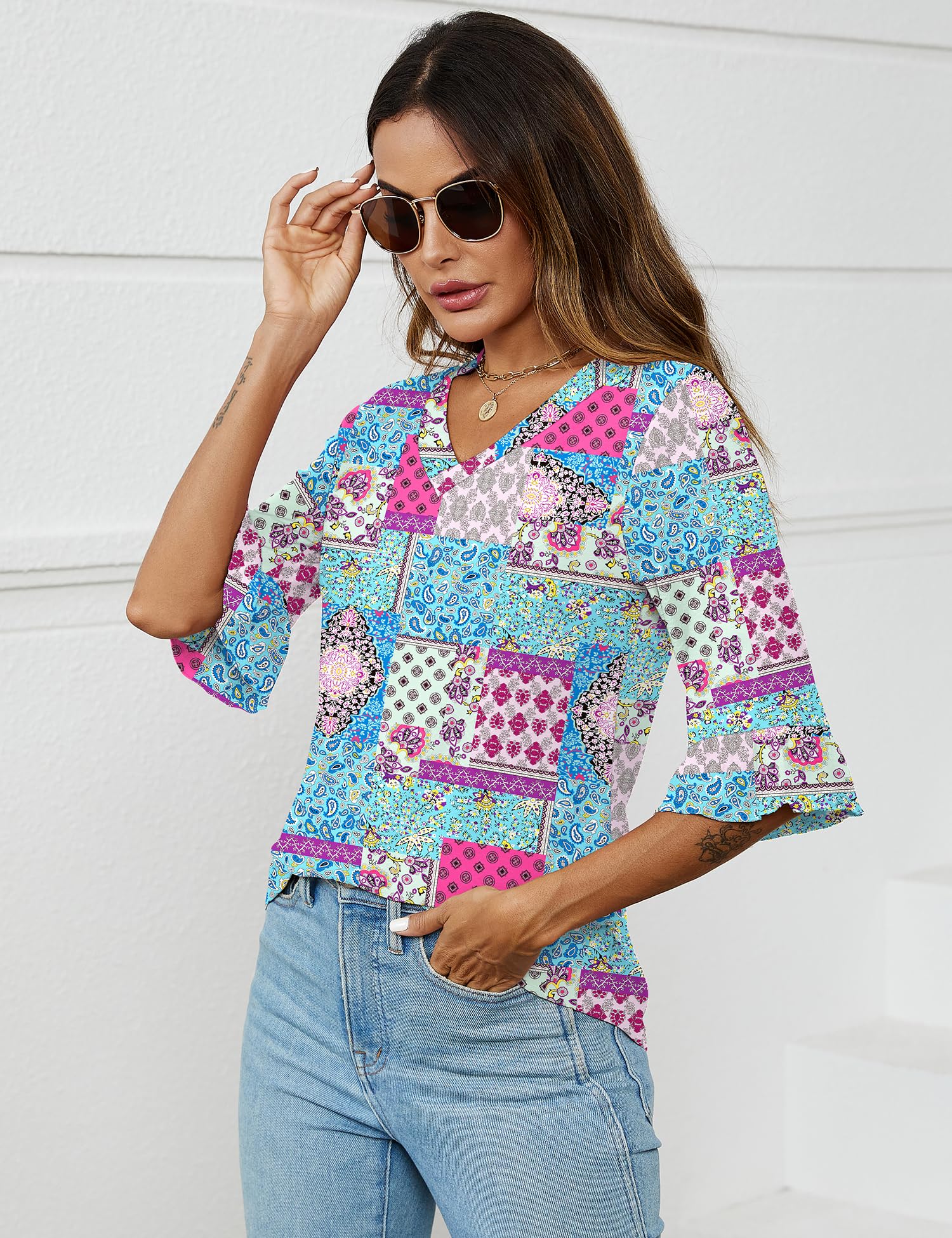 Foto 5 | Camisetas Lomon Con Cuello En V Y Manga 3/4 Para Mujer, Estilo Bohemio - Venta Internacional.