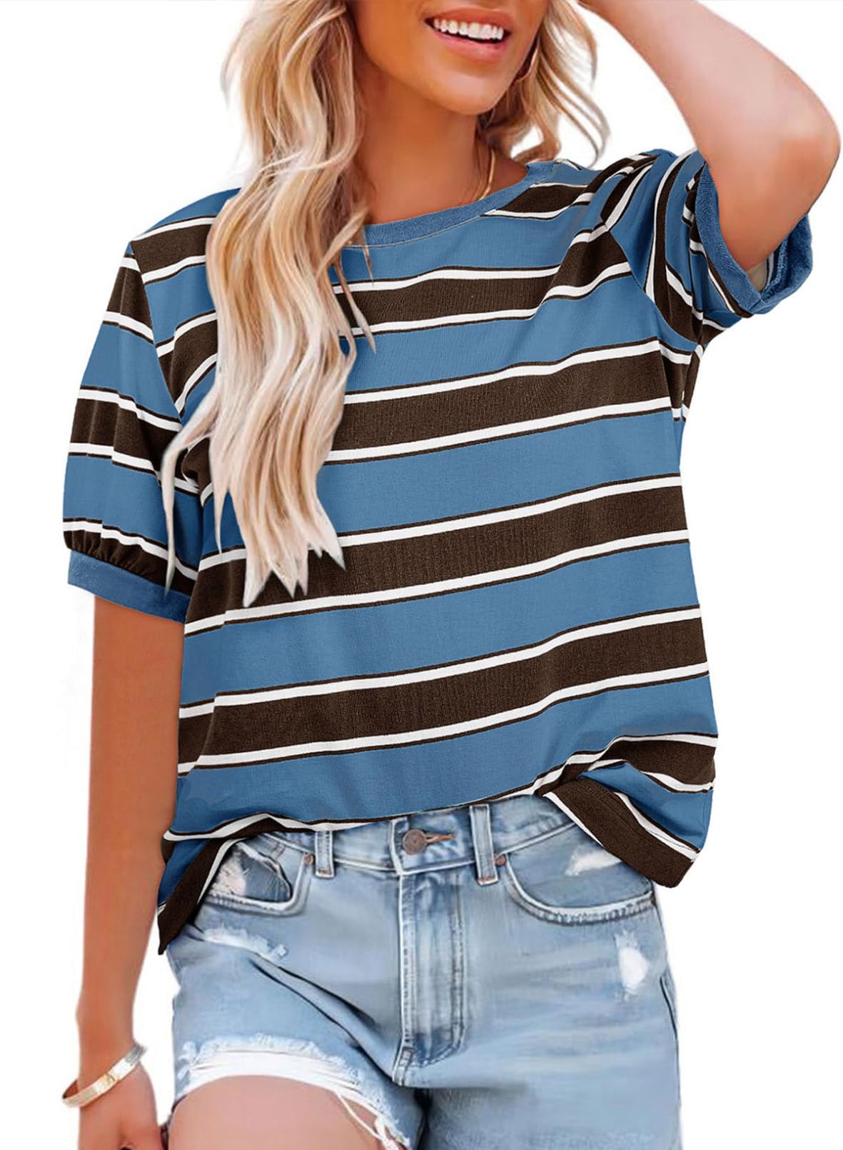 Foto 2 pulgar | Camiseta Dokotoo Summer Tops 2025 Para Mujer A Rayas En Bloques De Colores - Venta Internacional.