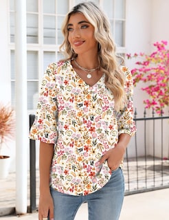 Foto 2 | Blusa De Trabajo Top Lomon Con Cuello En V Y Ojales Para Mujer, Manga 3/4 - Venta Internacional.