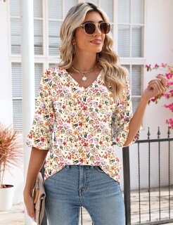 Foto 3 | Blusa De Trabajo Top Lomon Con Cuello En V Y Ojales Para Mujer, Manga 3/4 - Venta Internacional.