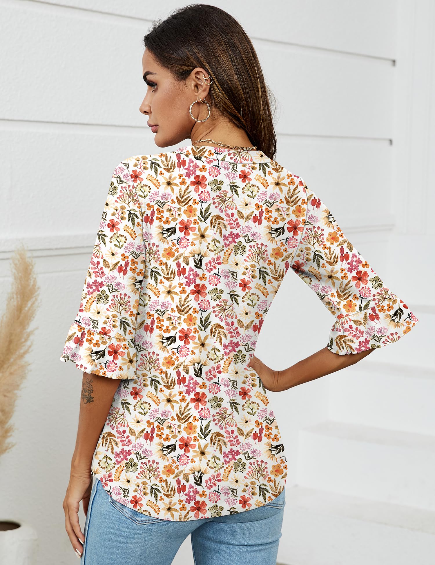 Foto 4 | Blusa De Trabajo Top Lomon Con Cuello En V Y Ojales Para Mujer, Manga 3/4 - Venta Internacional.