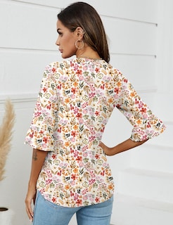 Foto 4 | Blusa De Trabajo Top Lomon Con Cuello En V Y Ojales Para Mujer, Manga 3/4 - Venta Internacional.