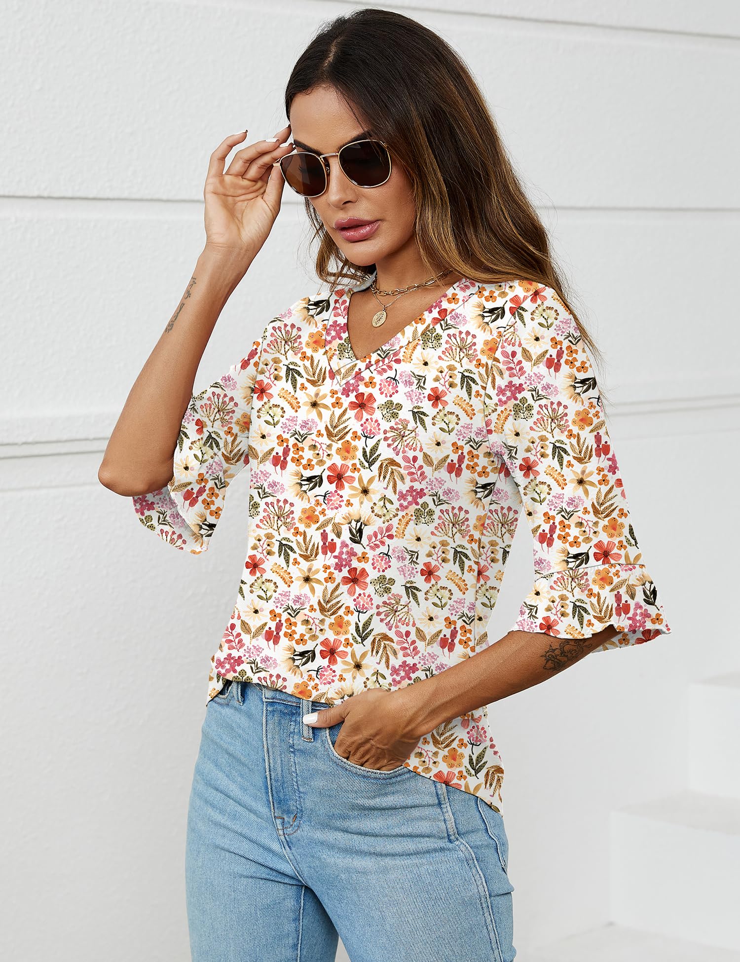 Foto 6 pulgar | Blusa De Trabajo Top Lomon Con Cuello En V Y Ojales Para Mujer, Manga 3/4 - Venta Internacional.