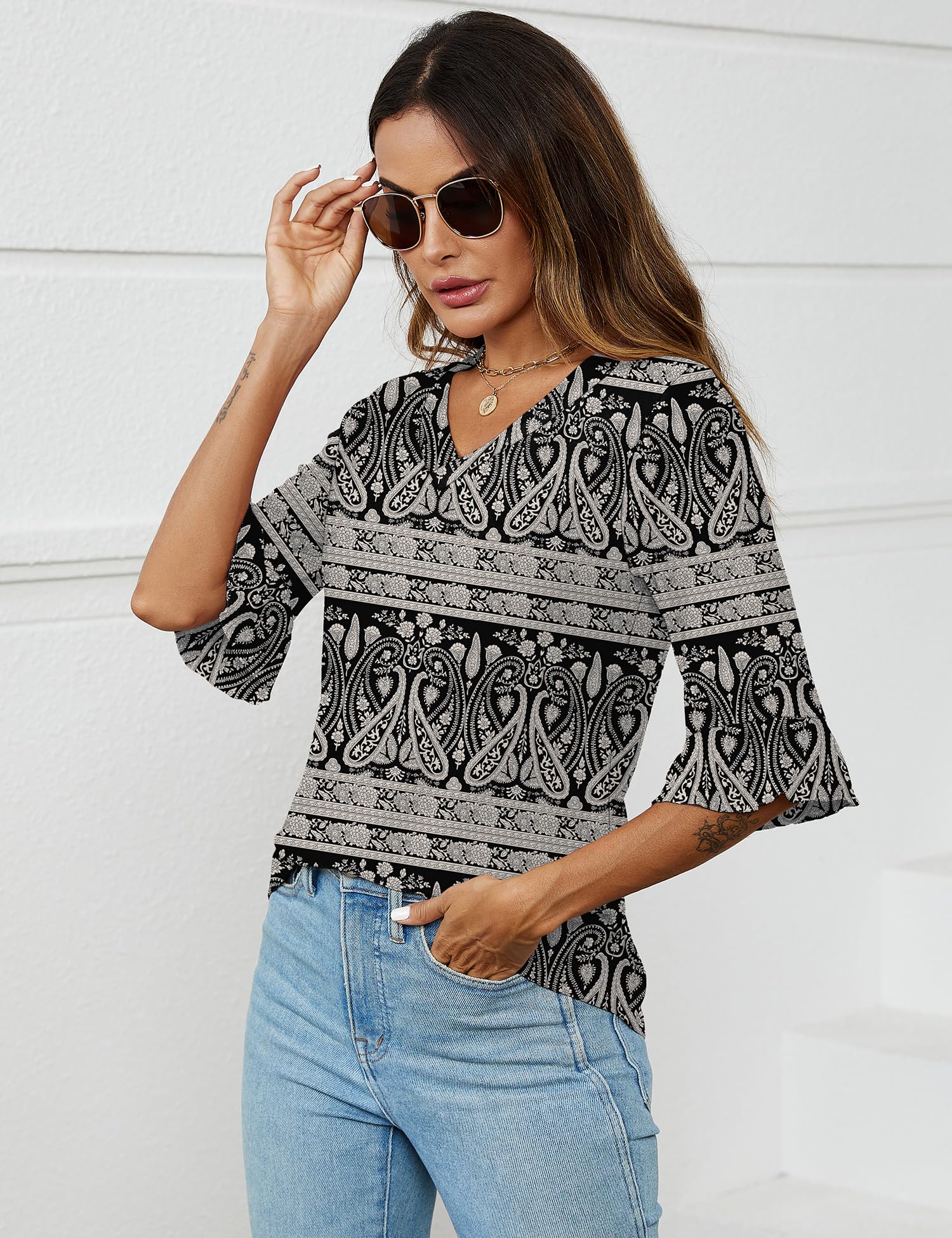 Foto 5 pulgar | Blusa Tipo Túnica Lomon Para Mujer, Verano 2024, Cuello En V, Manga 3/4 - Venta Internacional.