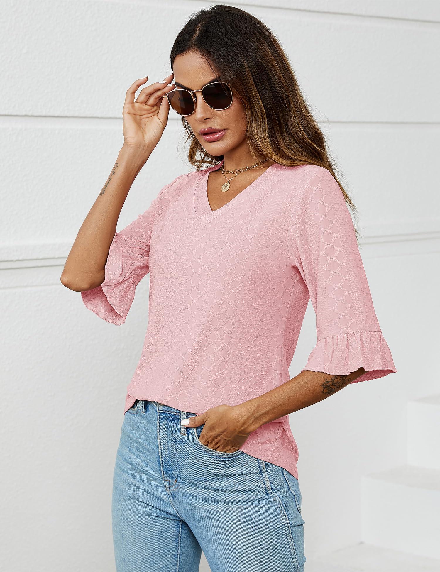 Foto 5 pulgar | Camisa Lomon Summer Para Mujer, Manga 3/4, Túnica, Rosa Claro - Venta Internacional.
