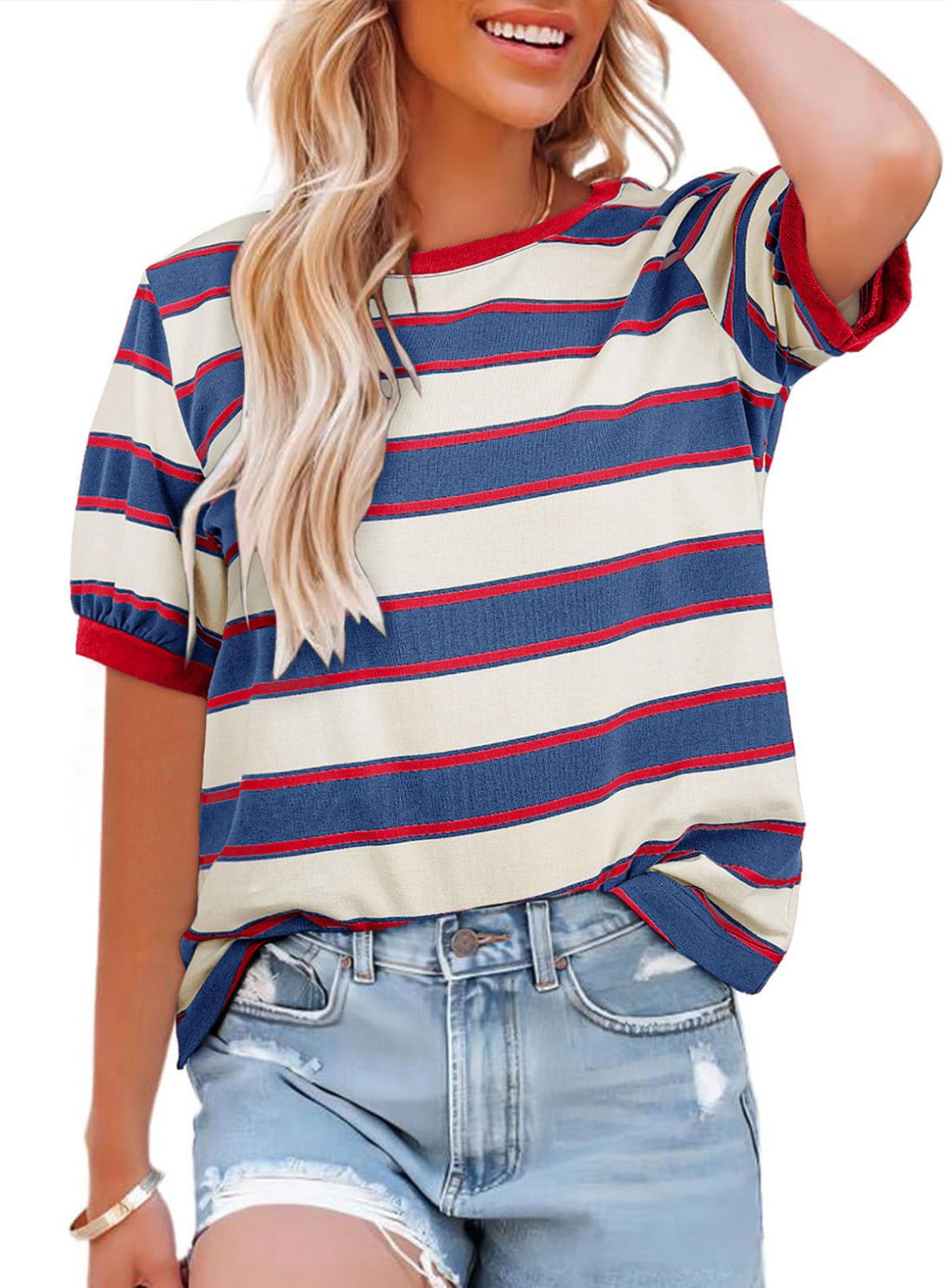 Foto 2 pulgar | Camiseta Dokotoo Para Mujer, Verano 2025, A Rayas, Color Rojo - Venta Internacional.