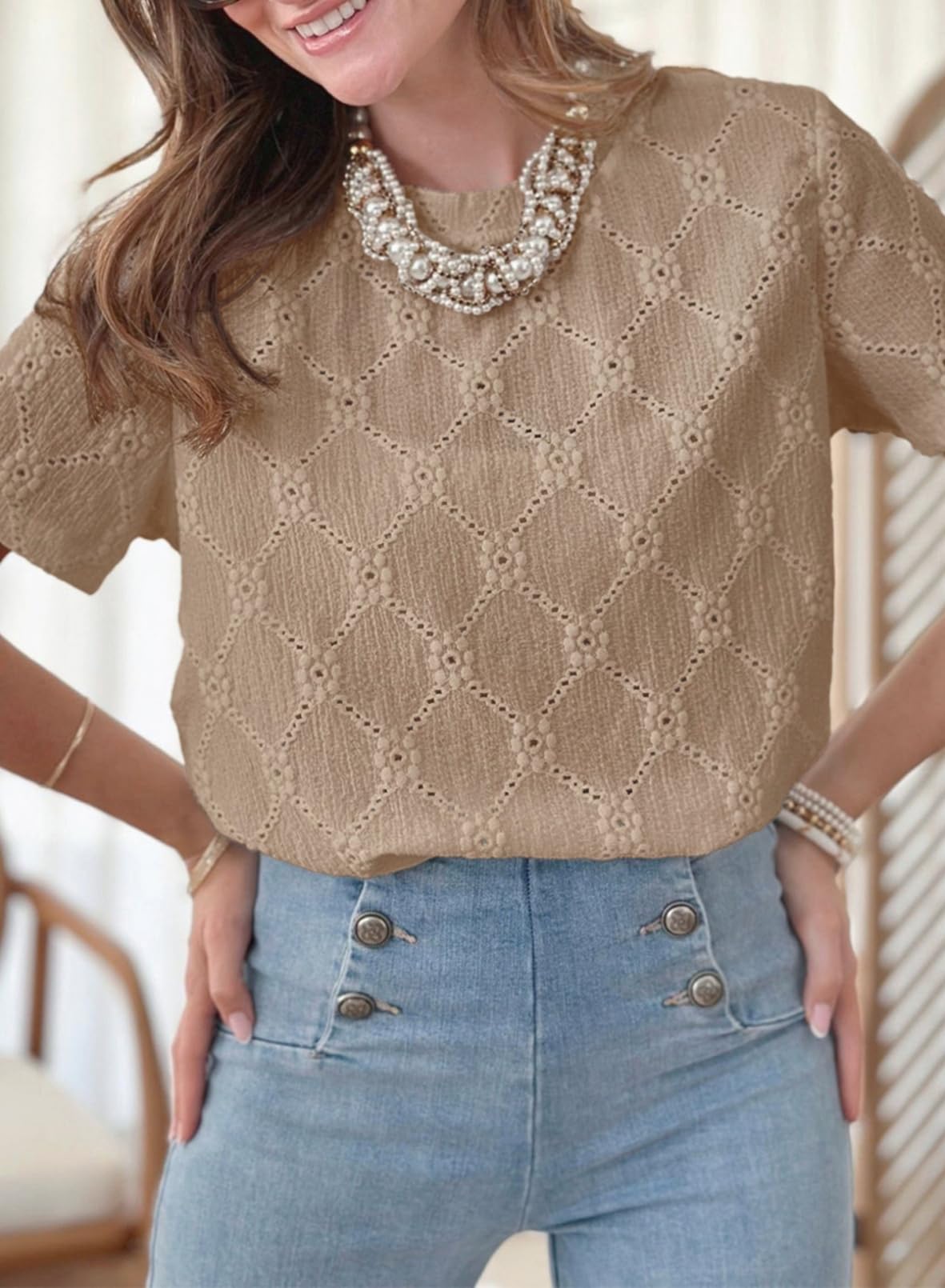Foto 2 | Top Tipo Túnica Dokotoo Para Mujer, Manga Corta, Verano, Bordado Con Ojales - Venta Internacional.
