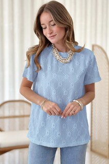 Foto 3 | Top Tipo Túnica Dokotoo Para Mujer, Manga Corta, Manga Corta, Color Azul Cielo, Talla L - Venta Internacional.