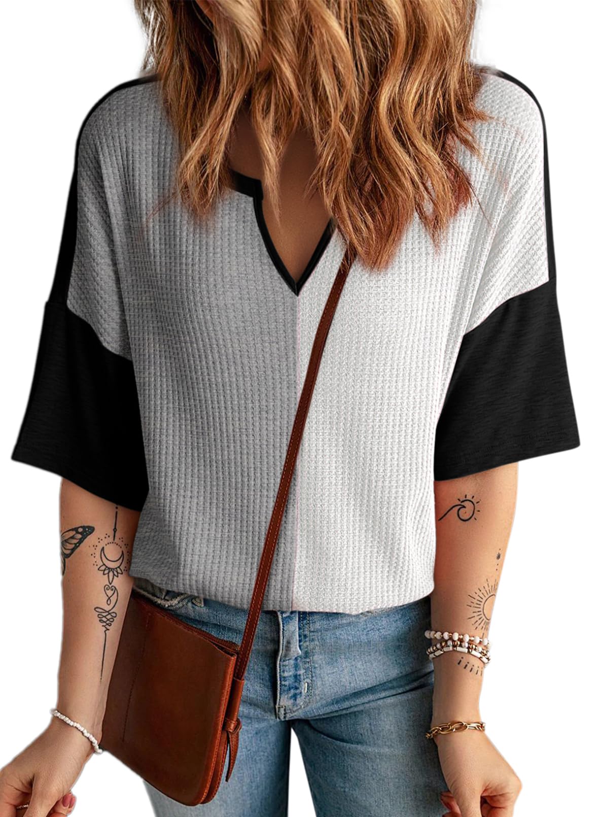 Foto 1 | Top Dokotoo Para Mujer, Cuello En V, Manga Corta, Tejido Gofrado, Gris - Venta Internacional.