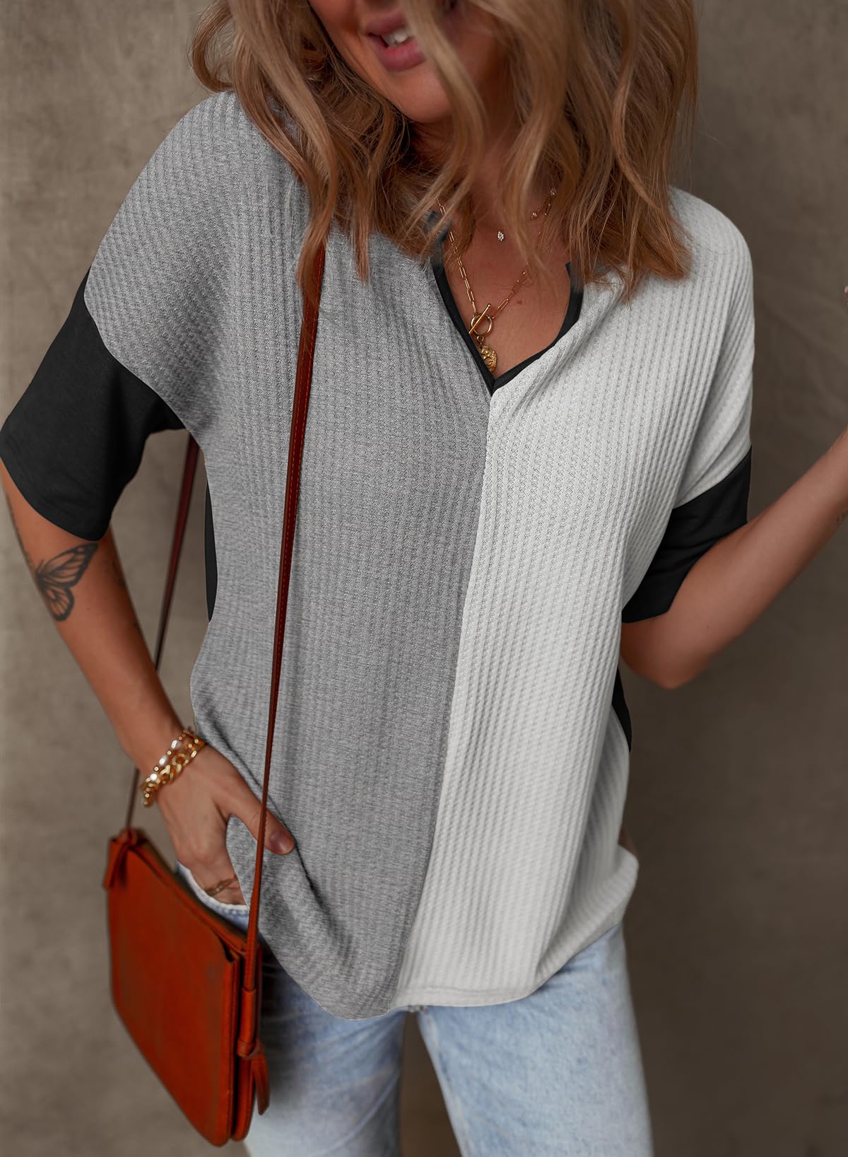 Foto 5 pulgar | Top Dokotoo Para Mujer, Cuello En V, Manga Corta, Tejido Gofrado, Gris - Venta Internacional.