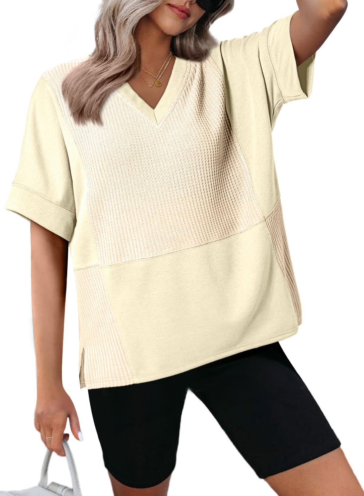 Camiseta Dokotoo Spring Para Mujer, Color Beige, Manga Corta, Cuello En V - Venta Internacional.