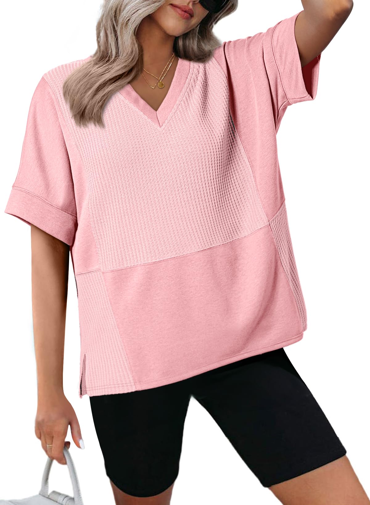 Camiseta Dokotoo Rosa De Punto Gofrado Con Cuello En V Y Manga Corta Para Mujer - Venta Internacional.