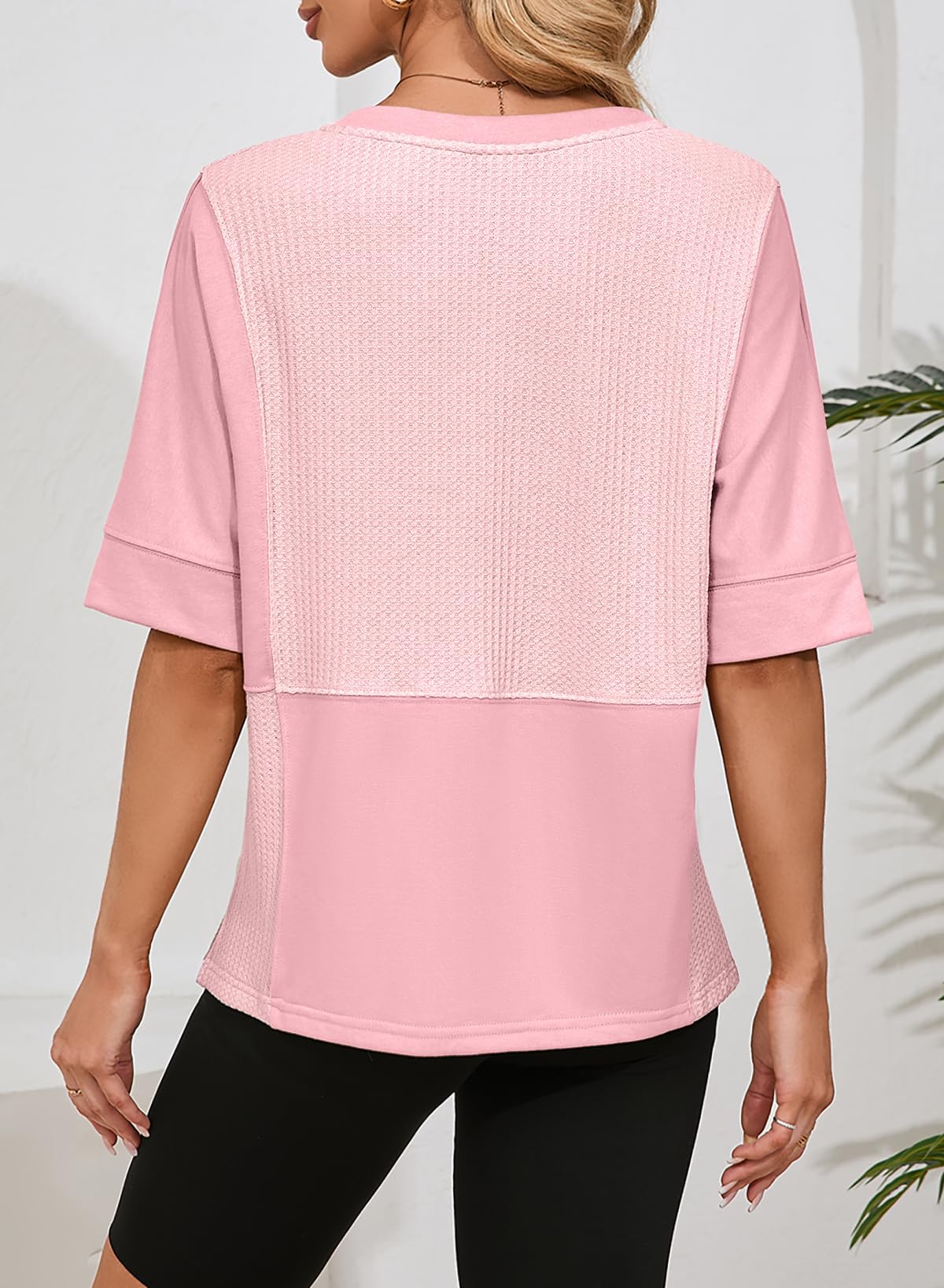 Foto 5 pulgar | Camiseta Dokotoo Rosa De Punto Gofrado Con Cuello En V Y Manga Corta Para Mujer - Venta Internacional.