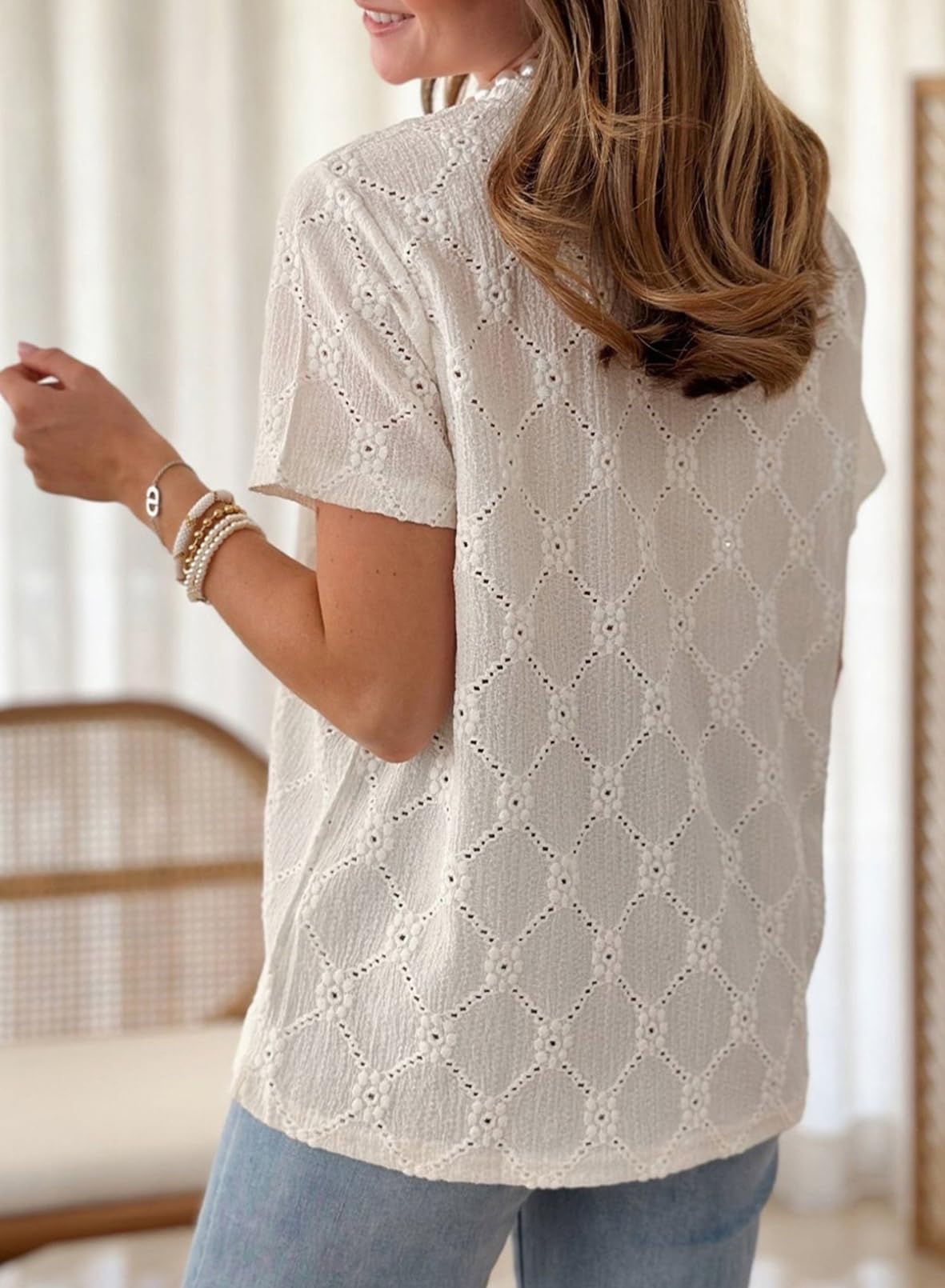 Foto 4 | Top Tipo Túnica Dokotoo Para Mujer, Manga Corta, Verano, Bordado Con Ojales - Venta Internacional.