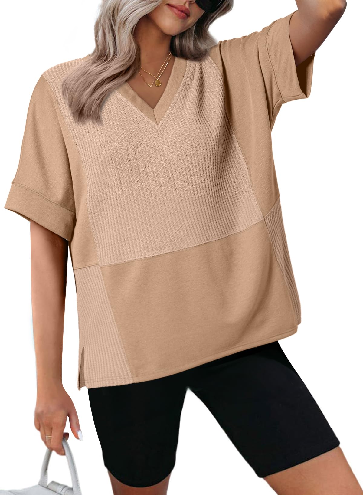 Camiseta Dokotoo Brown Sobredimensionada De Punto Gofrado Con Cuello En V Para Mujer 2025 - Venta Internacional.