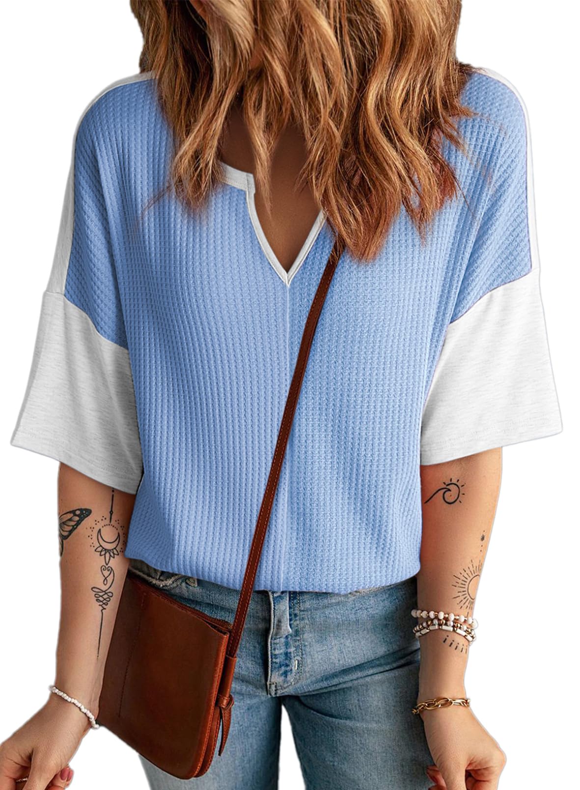 Camiseta Dokotoo Going Out De Punto Gofrado Con Manga Acampanada, Azul - Venta Internacional.