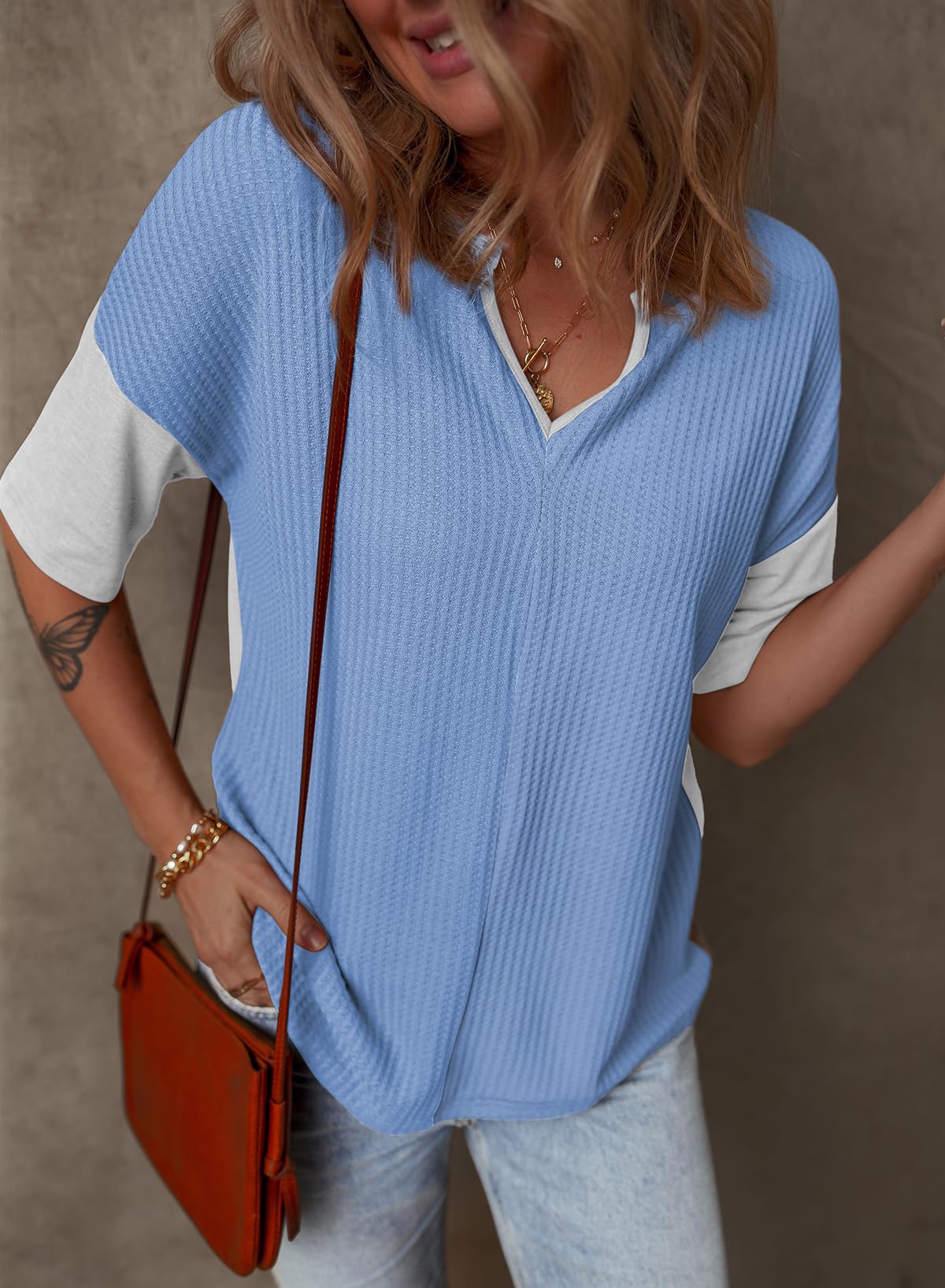 Foto 4 pulgar | Camiseta Dokotoo Going Out De Punto Gofrado Con Manga Acampanada, Azul - Venta Internacional.