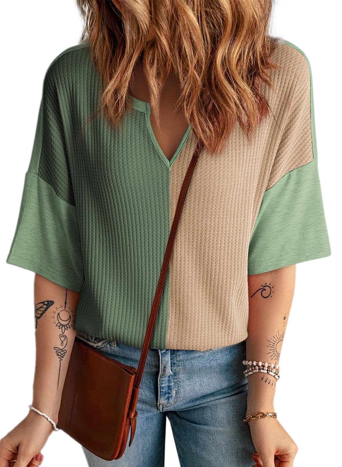 Foto 1 | Top Dokotoo Para Mujer, Cuello En V, Manga Corta, Punto Gofrado, Verde - Venta Internacional.