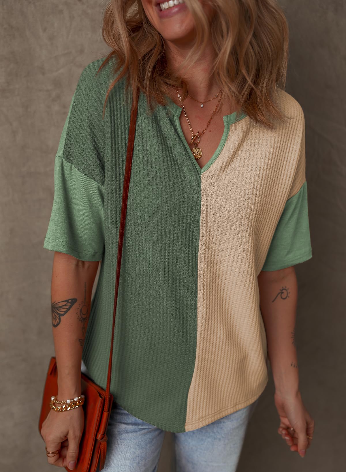 Foto 2 | Top Dokotoo Para Mujer, Cuello En V, Manga Corta, Punto Gofrado, Verde - Venta Internacional.