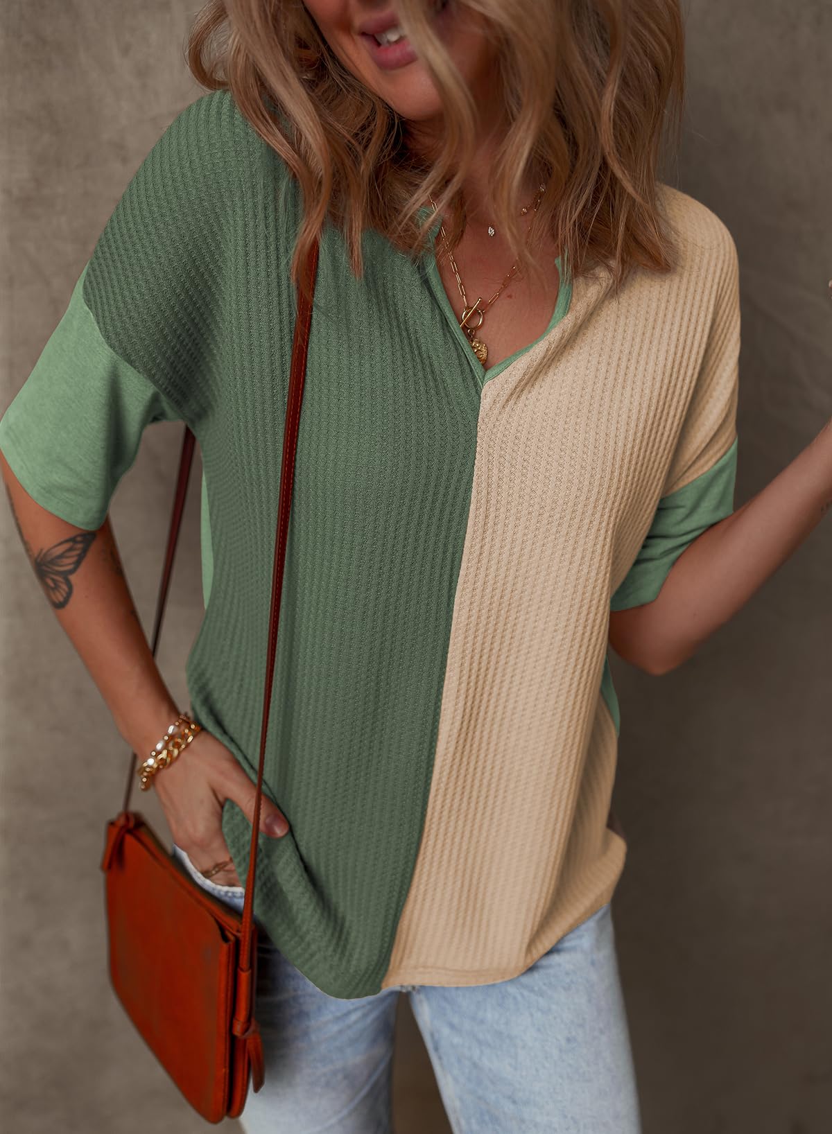 Foto 5 | Top Dokotoo Para Mujer, Cuello En V, Manga Corta, Punto Gofrado, Verde - Venta Internacional.